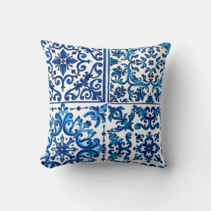 Coussin style italien, méditerranéen, mosaïque, bleu,