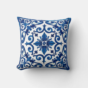 Coussin style italien, méditerranéen, mosaïque, bleu,