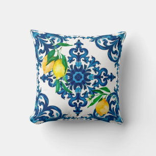 Coussin style italien, mosaïque, bleu, citron,