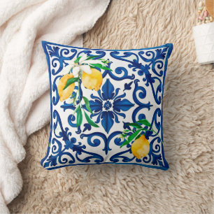 Coussin style italien, mosaïque, bleu, citron,