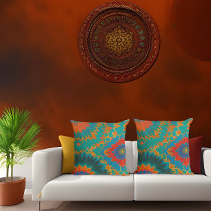 Coussin style marocain or rouge orange turquoise bleu