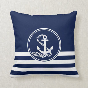 Coussin Style Nautique Bleu Et Blanc, Ancre Et Grandes