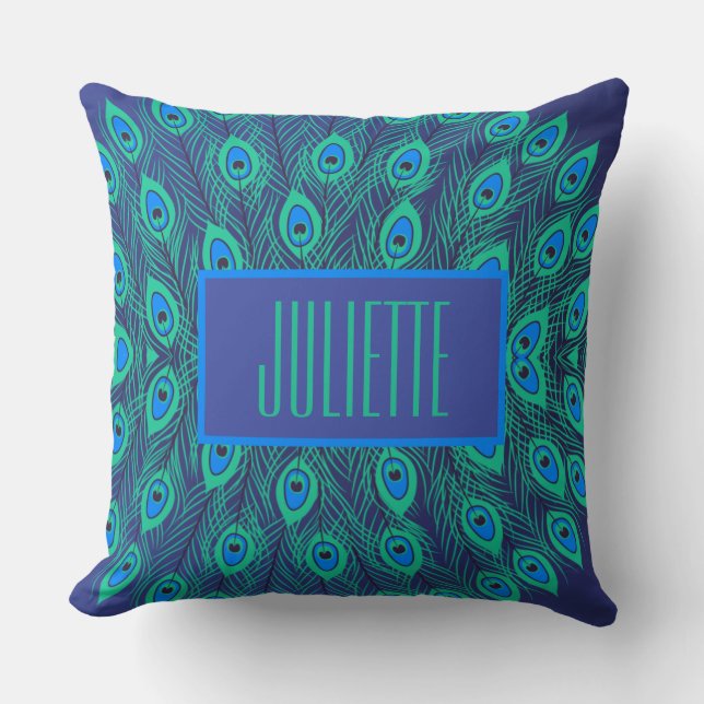 Coussin Style Peacock Turquoise & bleu couleur personnalis (Recto)