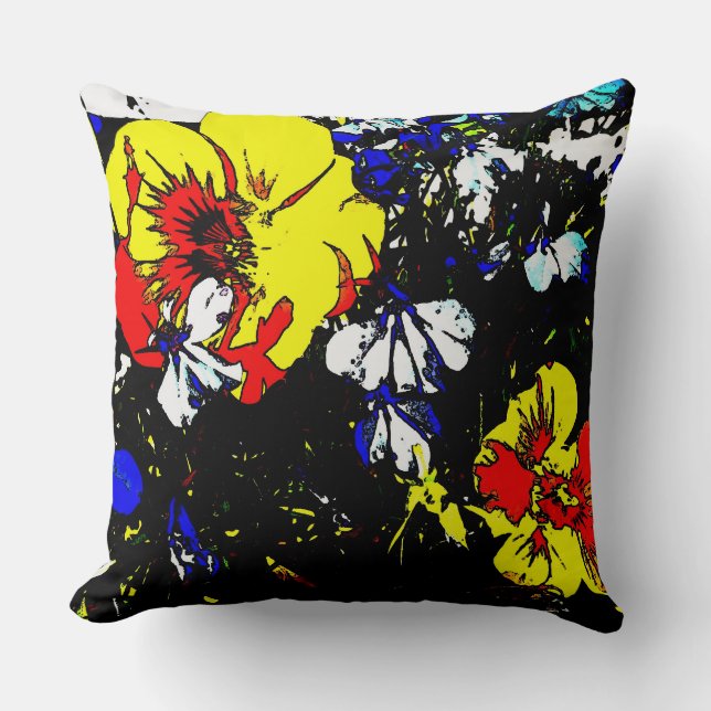 Coussin style pop art rouge jaune bleu et blanc fleurs (Recto)