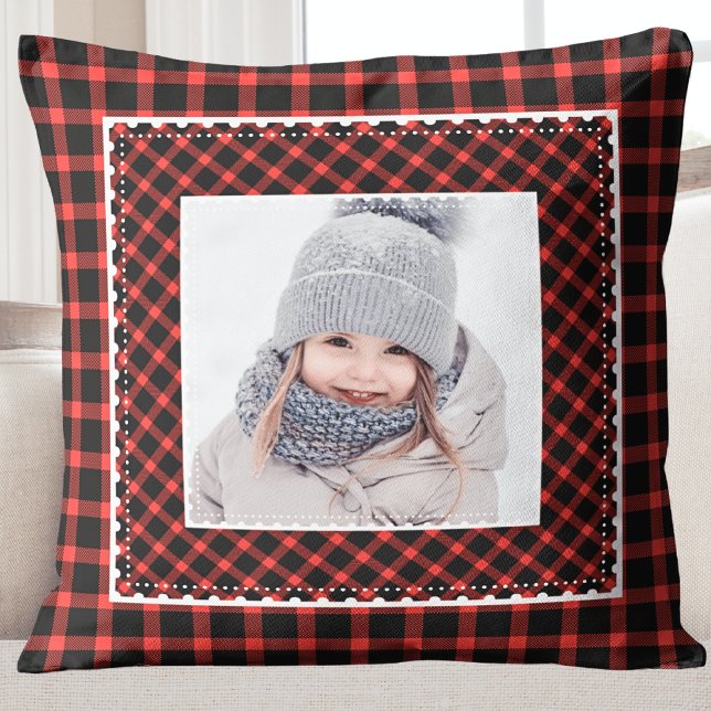 Coussin Style Rouge Plaid Enfants Photo Fête Noël (Modern Rustic Buffalo Plaid Kids Photo Holiday Pillow)