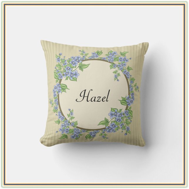 Coussin Style victorien Gravure bleu floral rayé (Créateur téléchargé)