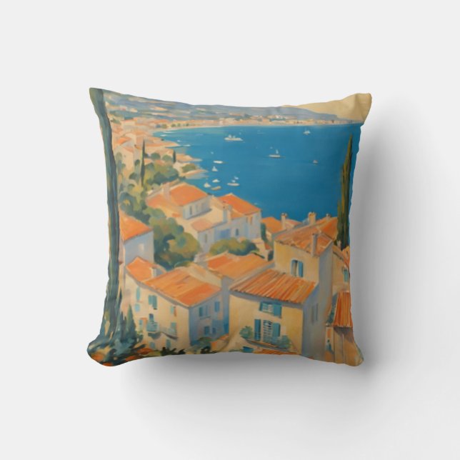 Coussin Style vintage Côte d'Azur Aquarelle Voyage Françai (Recto)