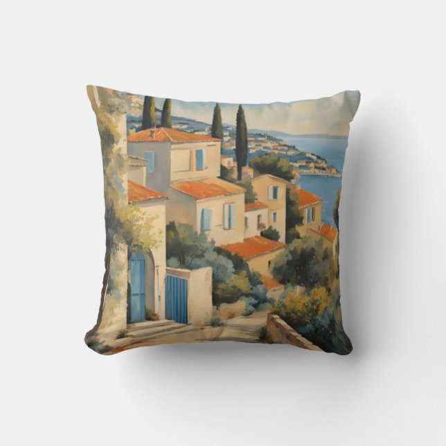 Coussin Style vintage Côte d'Azur Aquarelle Voyage Françai (Recto)