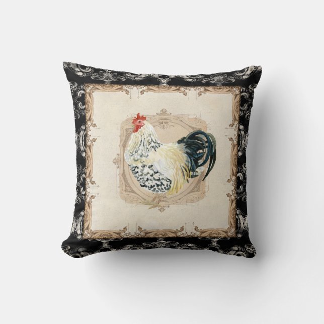 Coussin Style vintage Français Damask Noir n Blanc Roster (Recto)
