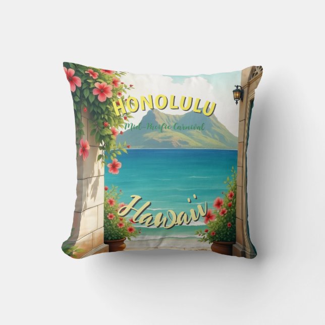 Coussin Style vintage Hawaiian Travel Honolulu Mid-Pacific (Recto)