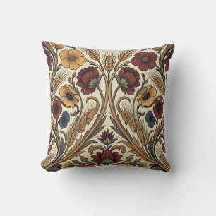 Coussin Style William Morris Rouge Or Fleur Motif Blé
