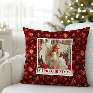 Coussin Stylisé Ange Vintage Rouge Or Fêtes de Noël