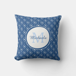 Coussin Stylisé Classique Bleu Monogrammé Nom Cœur Points