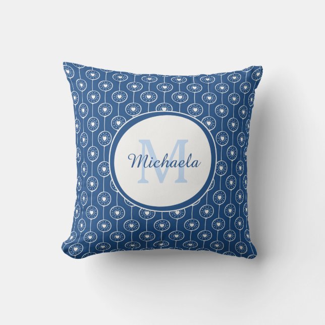 Coussin Stylisé Classique Bleu Monogrammé Nom Cœur Points (Recto)