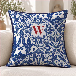 Coussin Stylisé Vintage Bleu Marine Damassé Monogramme