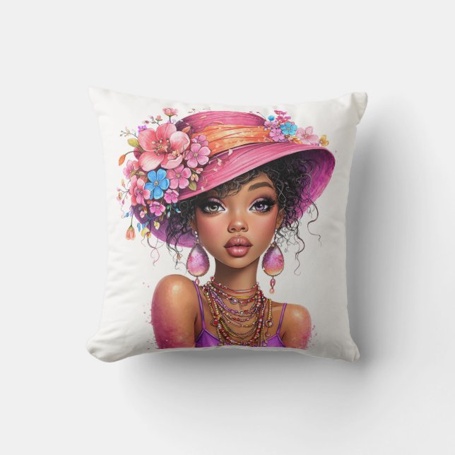 Coussin Stylish Floral Hat Woman Vibrant Portrait Art (Recto)