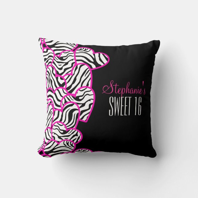Coussin Stylish Pink Sweet 16 Zebra Heart Design Nom (Recto)
