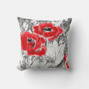 Coussin Stylo dessiné à la main des pavots rouges fleurs f