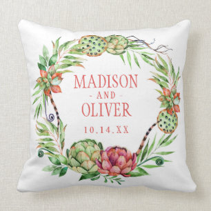 Coussin Succulent vert et rose floral vintage   épousant