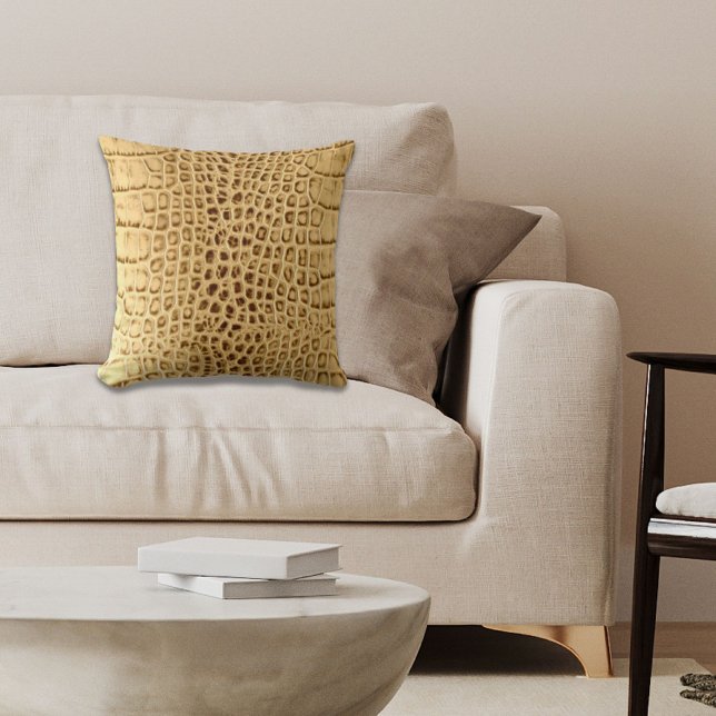 Coussin sud-ouest Brun or Alligator Cuir (southwestern Gold brown Alligator Leather Throw Pillow)