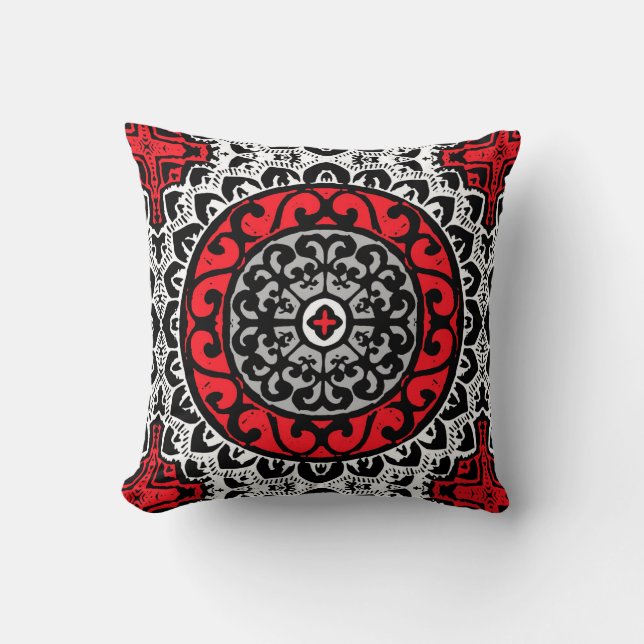 Coussin Sud-Ouest Sun Mandala, Rouge, Noir et Blanc (Recto)