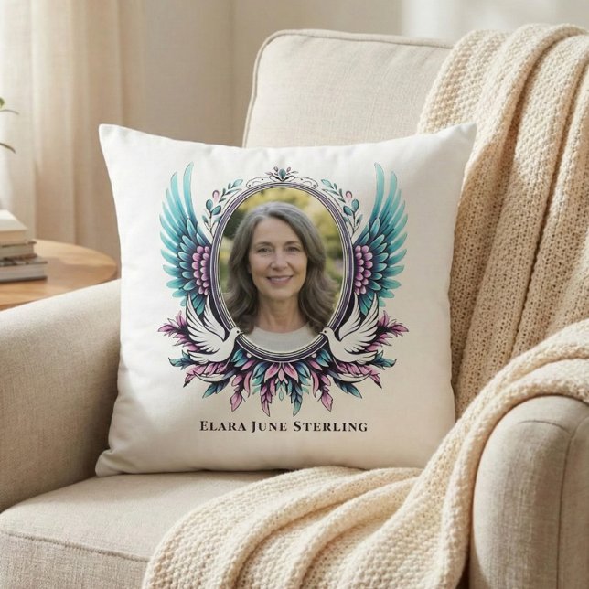 Coussin Suicide Loss Memorial Angel Wing Custom Photo Poem (Personalized Memorial, with Photo for Teal & Purple, Suicide Loss, Throw Pillow)