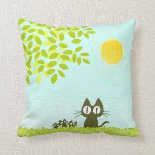 Coussin Sun et feuille et chat noir