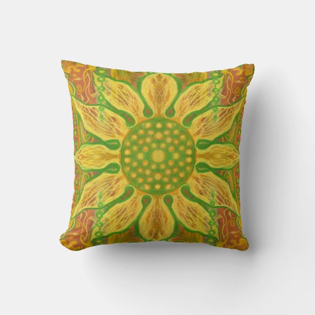 Coussin Sun Flower bohème floral art jaune vert orange (Recto)