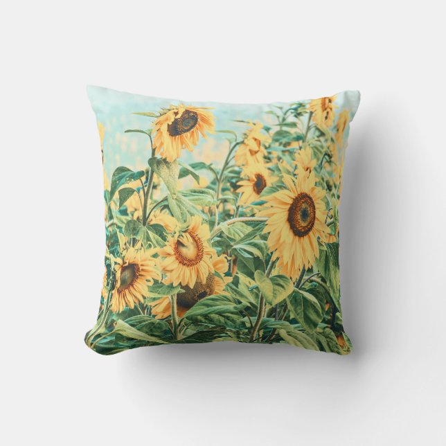 Coussin Sunflower Field Jaune Turquoise Floral Art (Recto)