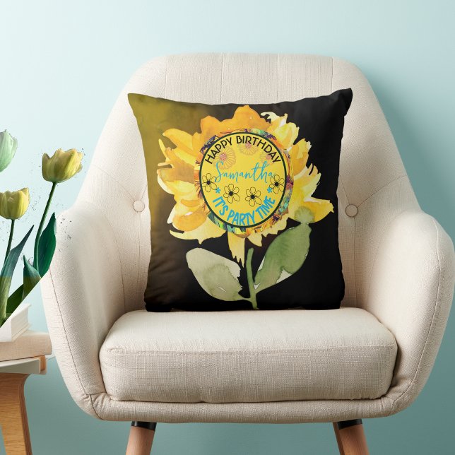 Coussin Sunflower Joyeuse fille anniversaire noir (Sunflower Happy Birthday Girl Black Throw Pillow)