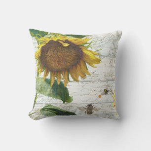 Coussin Sunflower w Bees Floral Script rustique Bois blanc