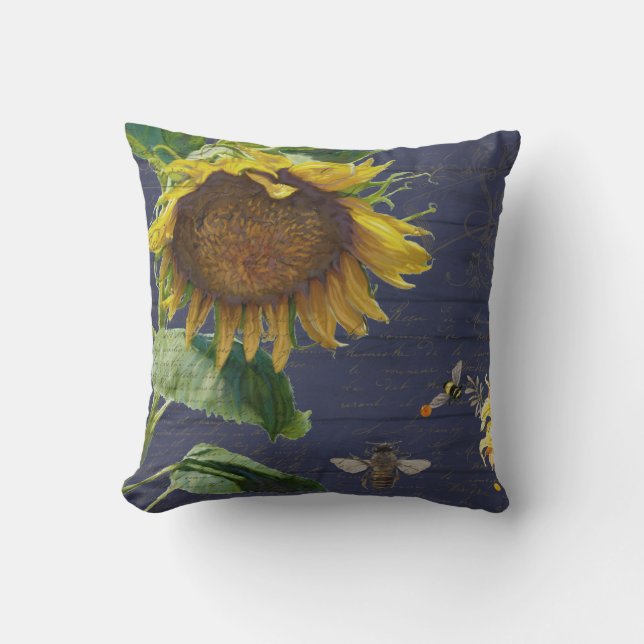 Coussin Sunflower w Bees Floral Script Rustique Marine Boi (Recto)