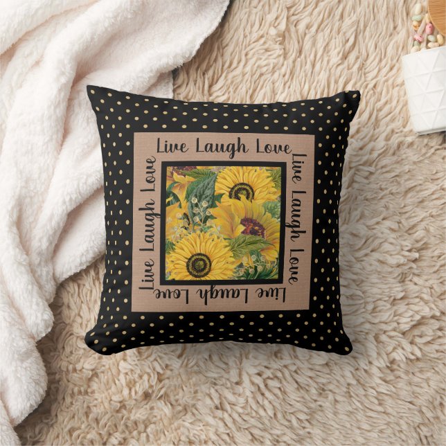 Coussin Sunflowers Black Gold Polka Dot Live Rire Aimer La (Couverture)