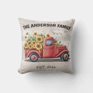 Coussin Sunflowers Red Truck Nom de famille personnalisé