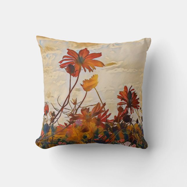 Coussin Sunny Orange Cosmos Fleurs Style Impressionniste (Recto)
