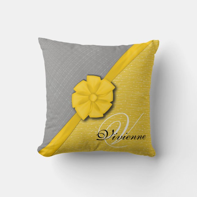 Coussin Sunny Ribbon, Two Tone Yellow Waves Grey Fabric (Recto)