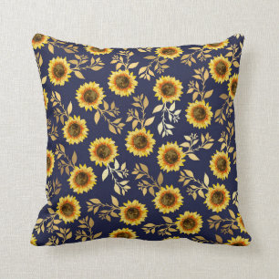 Coussin Sunny Yellow Gold Navy Feuille Motif