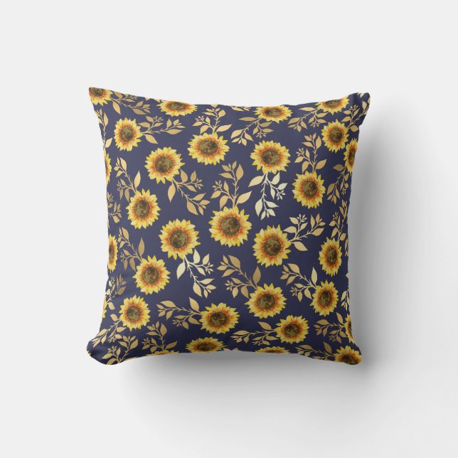 Coussin Sunny Yellow Gold Navy Feuille Motif (Recto)