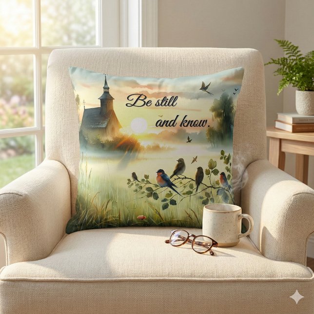 Coussin Sunrise Church with Birds in Misty Meadow (Sunrise Church with Birds in Misty Meadow Throw Pillow Mockup A)