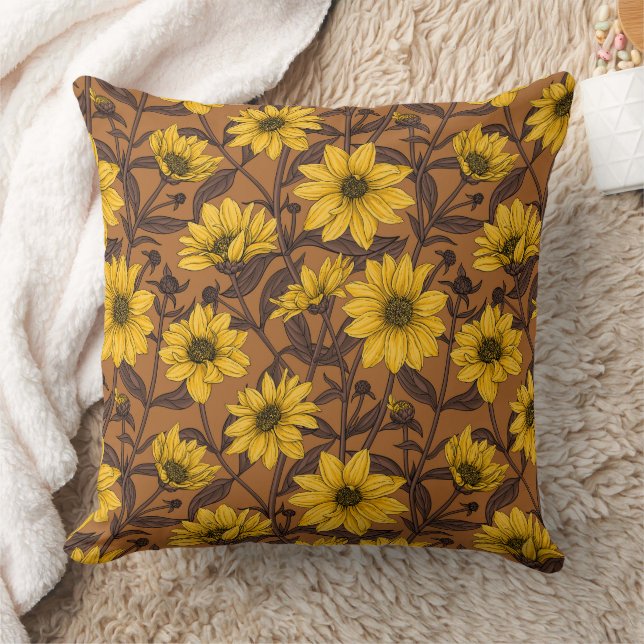 Coussin Sunroot, tournesol sauvage en jaune et marron (Couverture)