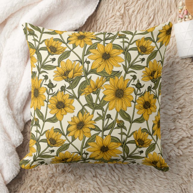 Coussin Sunroot, tournesol sauvage sur blanc (Couverture)