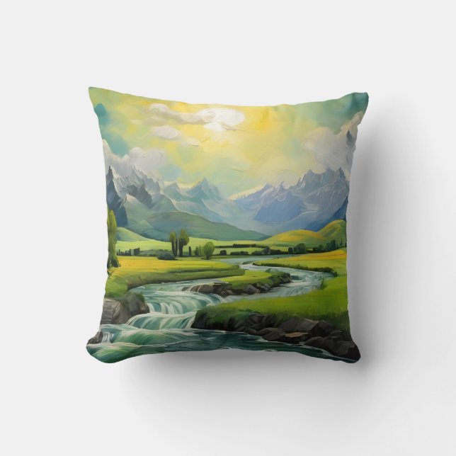 Coussin Sunset de la forêt verte de la rivière Mountain (Recto)