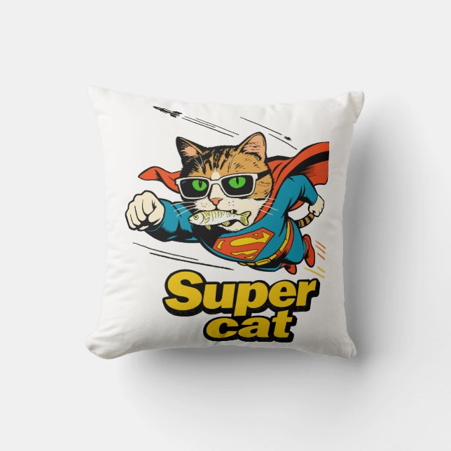 Coussin Super Chat Volant avec Poisson  (Recto)