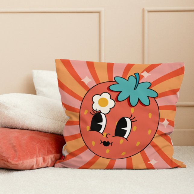 Coussin Super Fruit fraise caractère Hippie 60s Retro (Groovy Strawberry Fruit Character Hippie 60s Retro Throw Pillow college dorm room decor decoration)