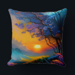 Coussin Superbe lever de soleil sur l'étang<br><div class="desc">arbre à fleurs coloré bleu et violet Beau lever de soleil à l'horizon sur l'étang herbes colorées AI ART créé par minx267</div>