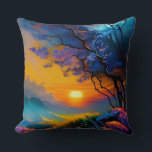 Coussin Superbe lever de soleil sur l'étang<br><div class="desc">arbre à fleurs coloré bleu et violet Beau lever de soleil à l'horizon sur l'étang herbes colorées AI ART créé par minx267</div>