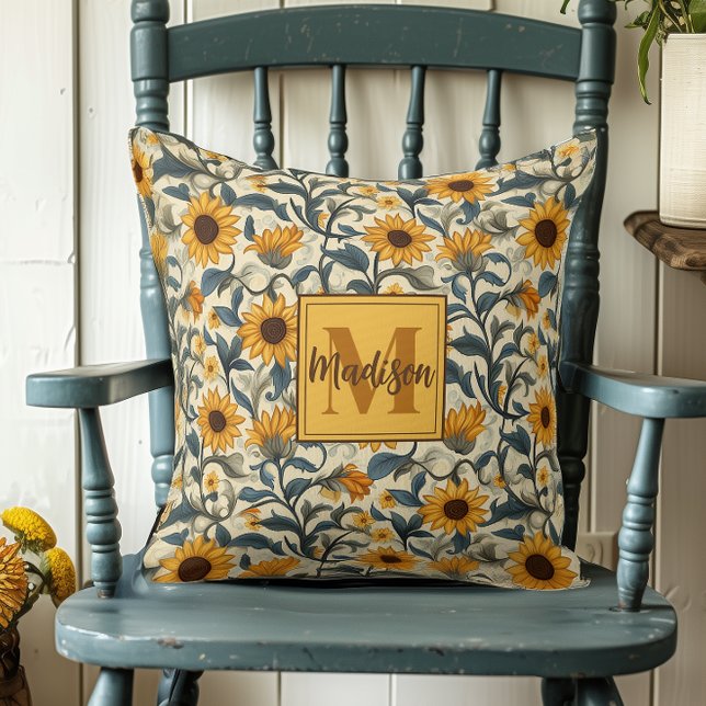 Coussin Superbe tournesol Art Nouveau Monogramme (Créateur téléchargé)