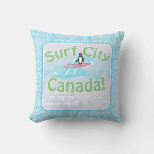 Coussin Surf City Canada Dessin de pingouin amusant