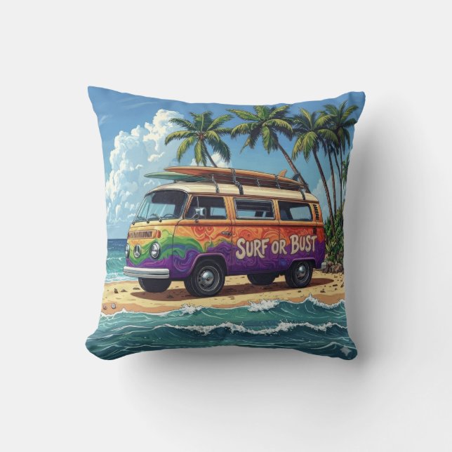 Coussin Surf ou rien Bus de plage Hippie Rétro Groovy Surf (Recto)