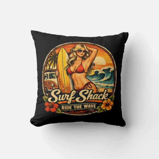 Coussin Surf Shack Surfer Pin-Up | Ride The Waves Beach (Recto)
